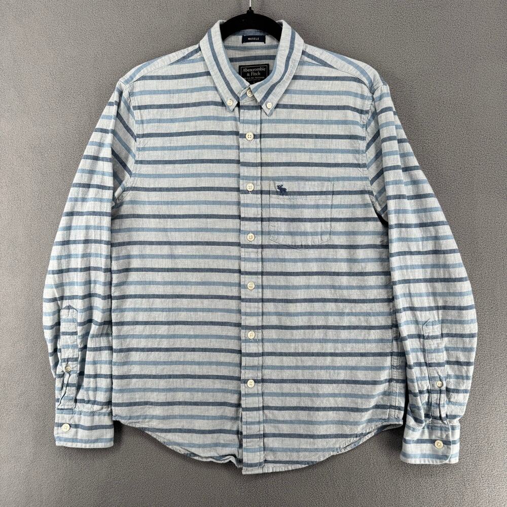 Abercrombie Fitch Muscle Button Down Long Sleeve Shirt Mens S Blue Stripe Preppy